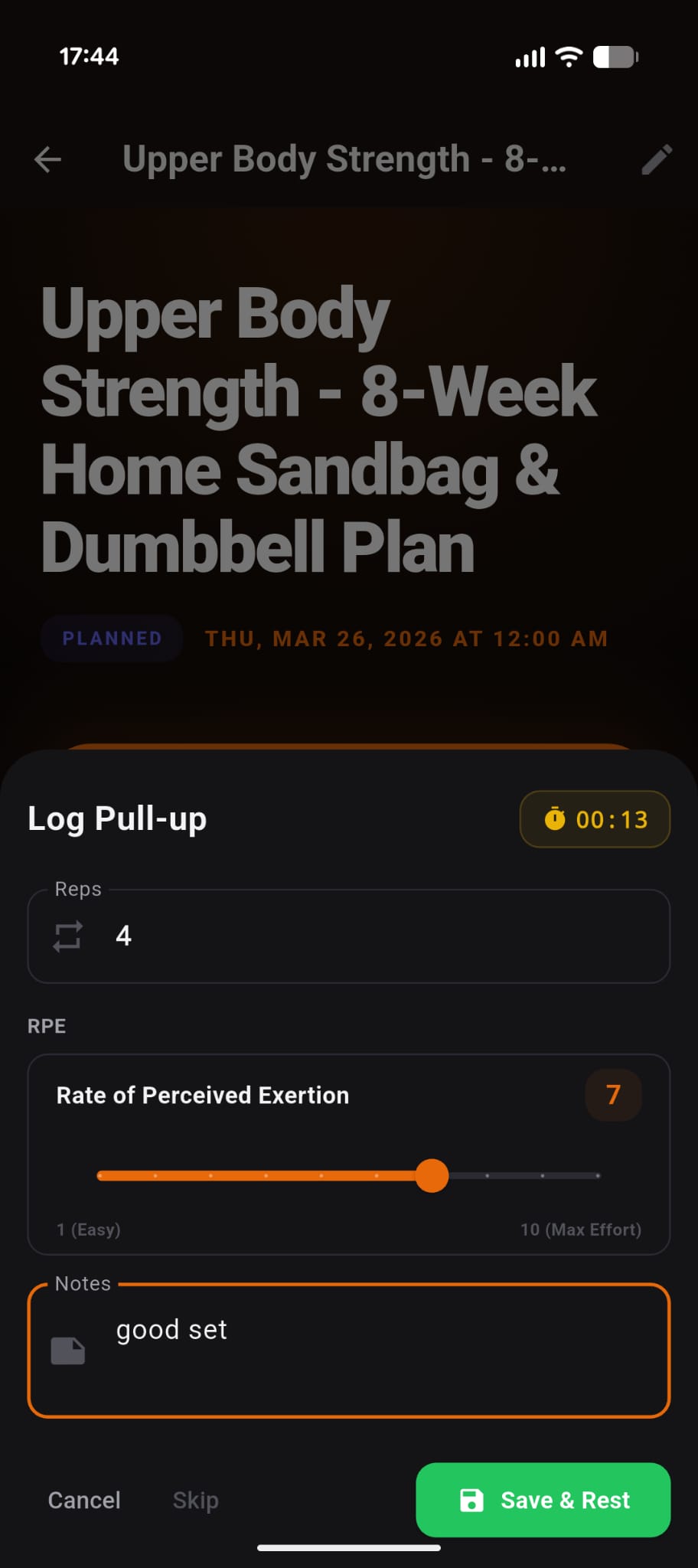 Log set — reps, RPE slider, and notes capture