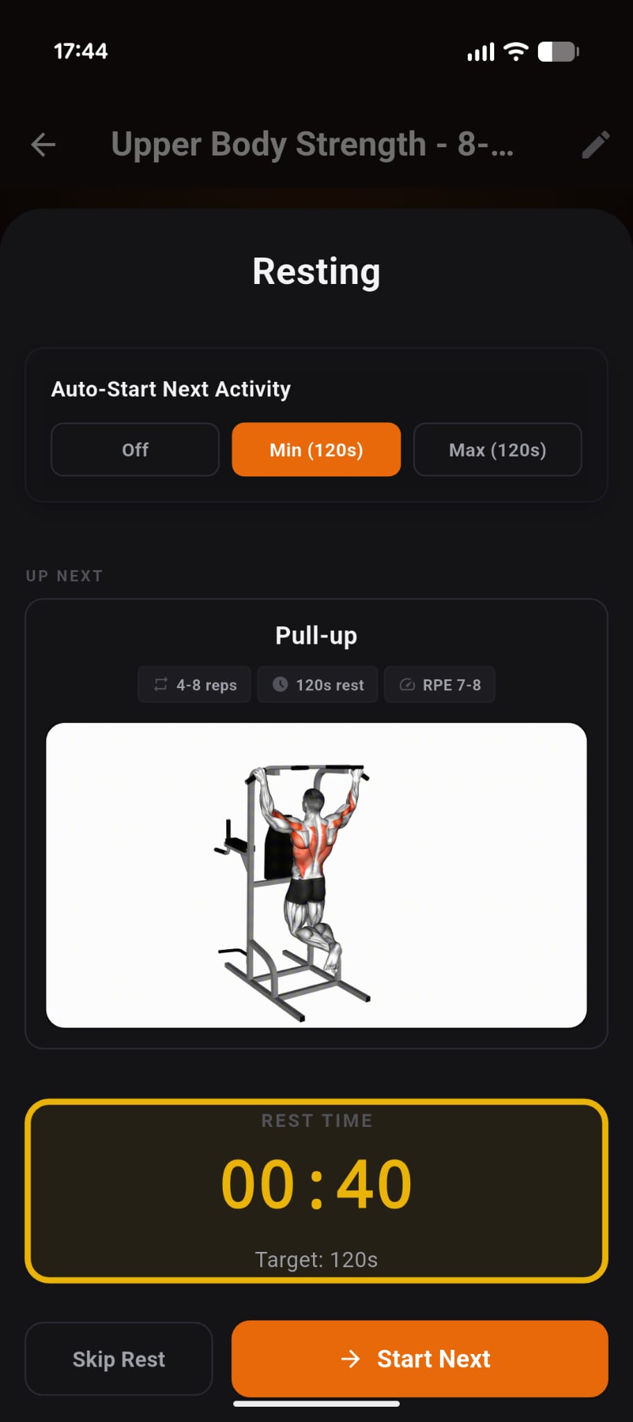 Rest timer countdown with next exercise preview