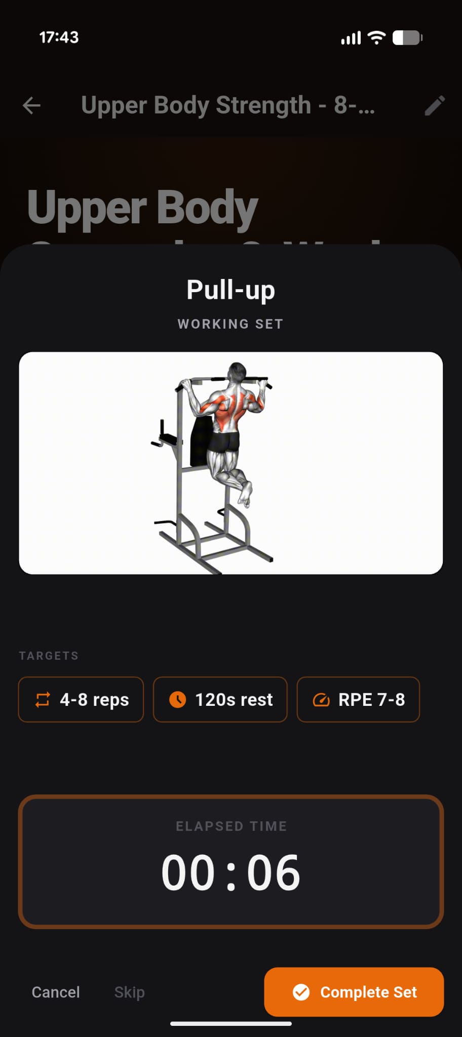 Working set with exercise illustration, elapsed timer and targets
