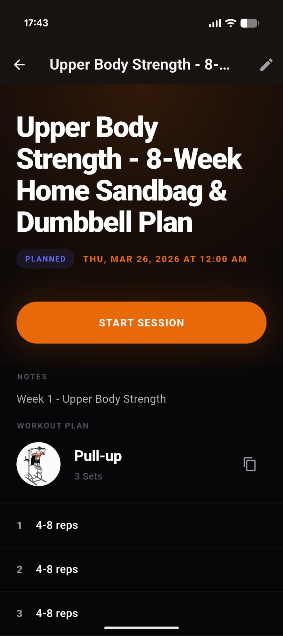 Session overview — planned workout with exercise list and start button